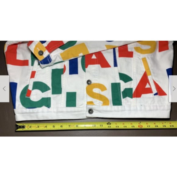 Desigual Multicolor Logo Print White Denim Jean Jacket L Graphic Button Front - Picture 12 of 16